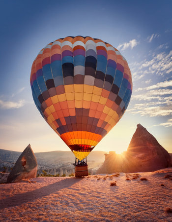 breathtaking landscapes at dawn, embracing the thrill of adventure with hot air balloonの素材
