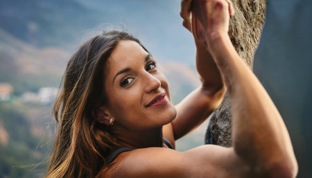 A climber expertly scales a steep rock while surrounded by stunning mountain views.の素材