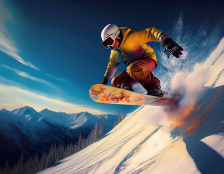 Snowboarder glides down a snow-covered slope against a vibrant sunset backdrop in the mountains.の素材