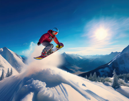 A snowboarder performs an impressive jump against a backdrop of majestic mountains and blue skies.の素材