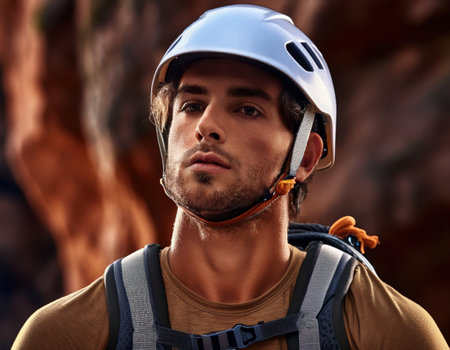 A determined climber focuses as he gears up for a thrilling ascent in a breathtaking location.の素材