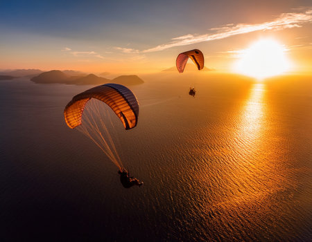 Two paraglider athletes gracefully navigate the vibrant sky during sunset, embracing freedom.の素材