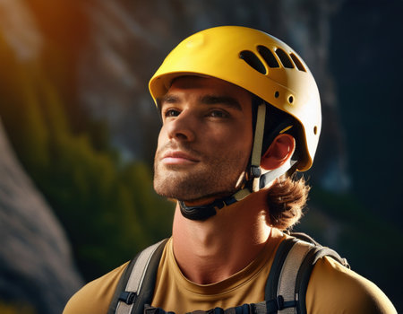 A determined athlete prepares for an extreme sports adventure amidst stunning mountain scenery.の素材