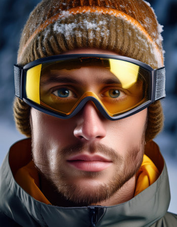 Snowy mountain backdrop sets the stage for an athlete geared up and ready for adventure.の素材