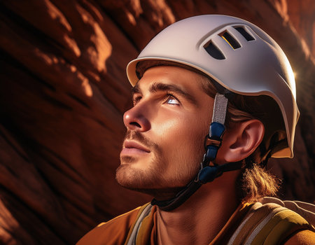 Determined athlete scales a breathtaking rock face, seeking new heights in a sunlit canyon.の素材