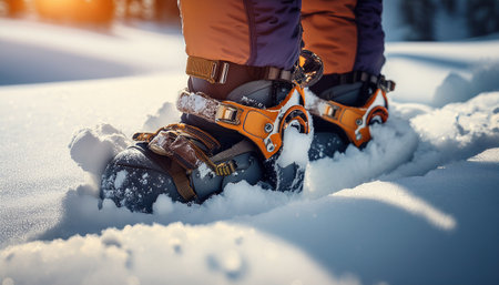 Climbing through deep snow in breathtaking mountain terrain during a thrilling winter adventure.の素材