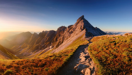rocky paths on a breathtaking mountain during sunset, embracing the wild.の素材