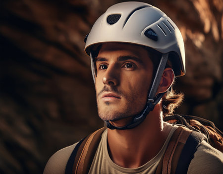 With focus and determination, the climber gears up for an exhilarating ascent in the canyon.の素材