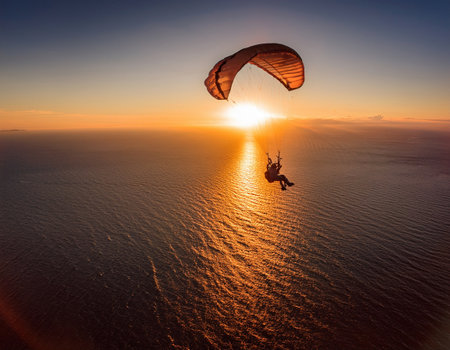Gliding through the warm evening sky, a paramotorist experiences freedom over the ocean.の素材