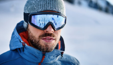 A focused adventurer readies for an exciting day on the snowy slopes with style.の素材