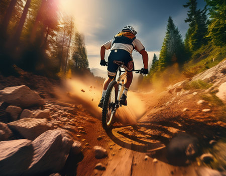 A cyclist navigates a rocky trail, kicking up dust in a vibrant forest at sunset.の素材