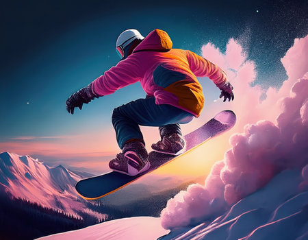 A snowboarder glides through colorful clouds on a breathtaking winter evening, embracing adventure.の素材