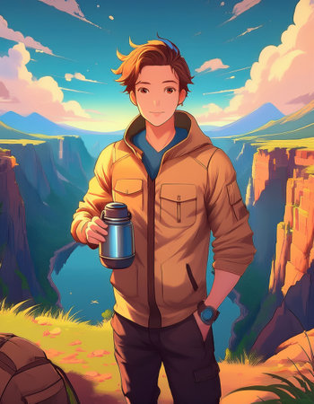 A young anime explorer greets the sunrise by a vast canyon, holding a thermos, ready for adventure.の素材