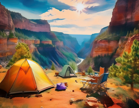 Tents are set up on a canyon edge, while adventurers prepare for sunset activities and exploration.の素材