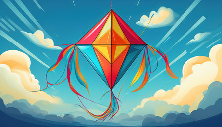Colorful kite soars high above, showcasing thrill and freedom in an adventurous sky.の素材