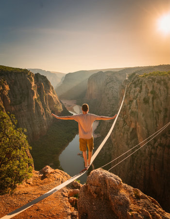 A daring individual walks a highline above a stunning canyon, embracing adventure at dusk.の素材