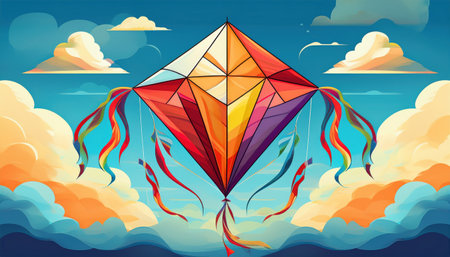 A colorful kite dances amidst fluffy clouds in a bright blue sky, capturing the thrill of adventure.の素材