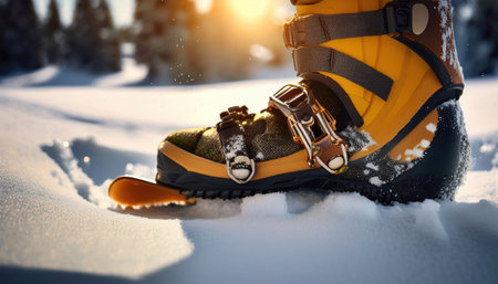 A skier boot presses into fresh powder snow under the golden glow of sunrise.の素材
