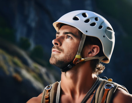 Determined climber focuses on the challenge ahead while surrounded by majestic cliffs and nature.の素材