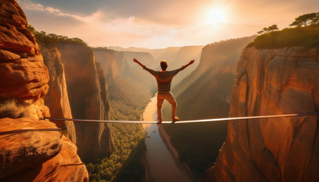 A daring athlete walks a tightrope high above a breathtaking canyon as the sun sets.の素材