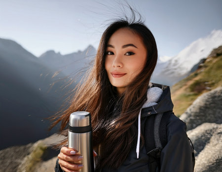 A confident asian woman holds a thermos, surrounded by stunning mountain vistas under clear skies.の素材