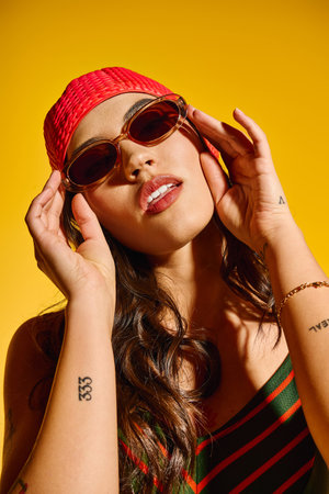 Bright colors accentuate a young womans joyful spirit as she poses radiantly in summer attire.のeditorial素材