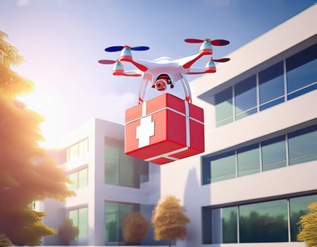 A drone is delivering urgent medical supplies to a hospital, highlighting healthcare innovation.の素材