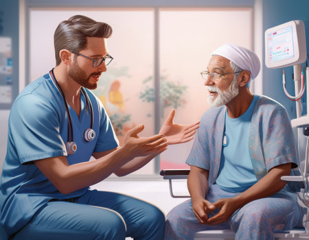 A physician attentively discusses treatment options with an elderly male patient in a hospital.の素材