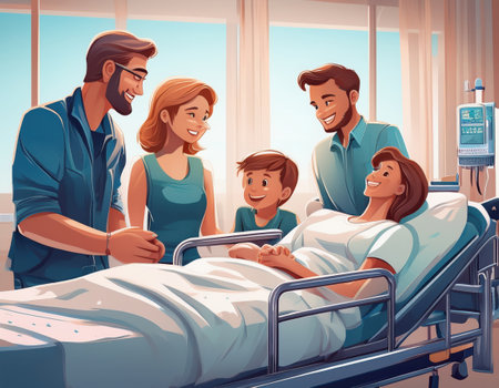 Loved ones gather around a patient in a hospital, sharing smiles and support during recovery.の素材