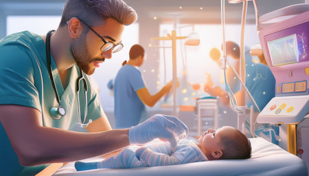 A healthcare professional provides attentive care to a newborn in the ER.の素材