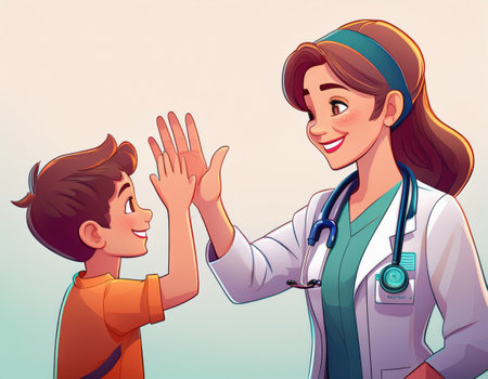 A doctor shares a joyful moment with a young patient in a hospital setting, fostering trust.の素材