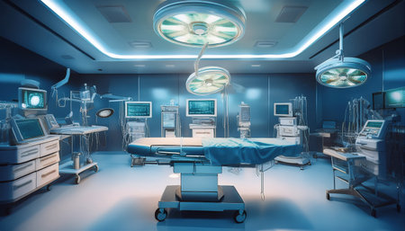 High tech medical equipment and an operating table set for life saving procedures in a hospital.の素材