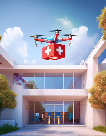 A drone equipped with emergency supplies hovers above a modern hospital entrance under a clear sky.の素材