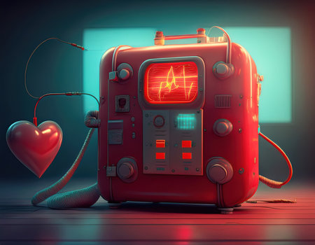 A high tech device shows heart rate activity in a bustling hospital emergency room.の素材