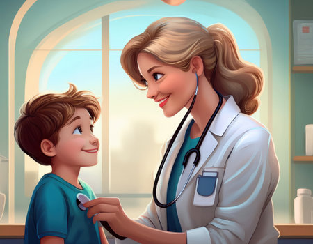 Compassionate healthcare professional examines a smiling child in a bright clinic environment.の素材