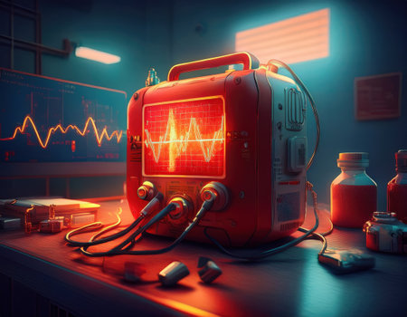 Advanced monitoring devices illuminate vital signs in an emergency medical environment.の素材