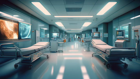 High tech emergency medical facility with monitoring systems and critical care beds.の素材