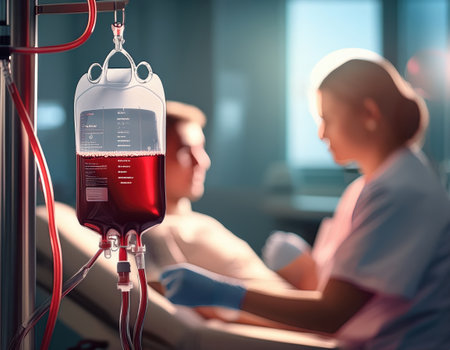 A healthcare professional administers a blood transfusion to a patient in an emergency room.の素材