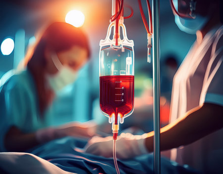 Healthcare professionals administer crucial blood transfusion in emergency department settingの素材