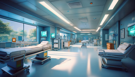 Bright and modern emergency medicine space equipped with advanced medical technology and bedsの素材