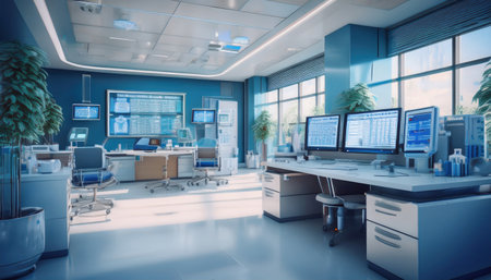 Spacious emergency room with high tech equipment and displays for efficient healthcare.の素材