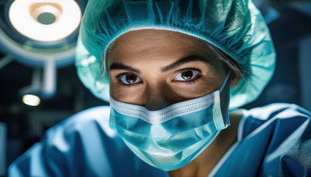 A dedicated surgeon offers urgent attention in a bustling emergency room setting.の素材