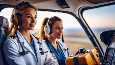 Two dedicated healthcare workers ready for emergency transport as the sun sets on the horizon.の素材