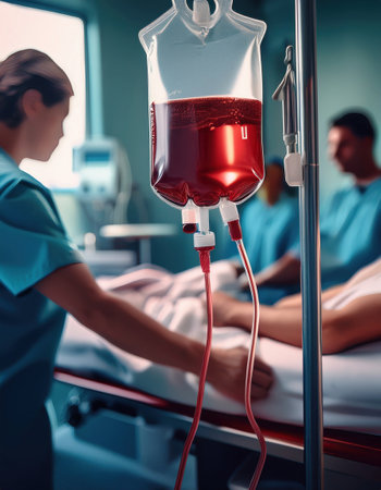Doctors give a crucial blood transfusion to a critically ill patient in an emergency.の素材