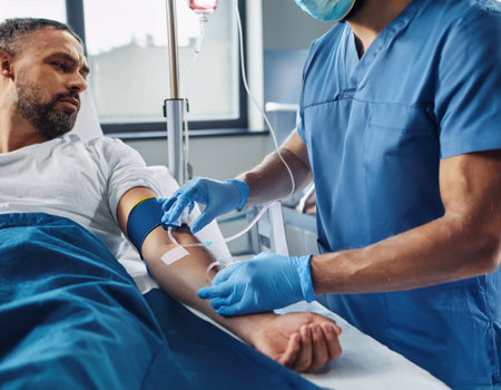 A doctor prepares to administer an intravenous line to a patient in a busy emergency department.の素材