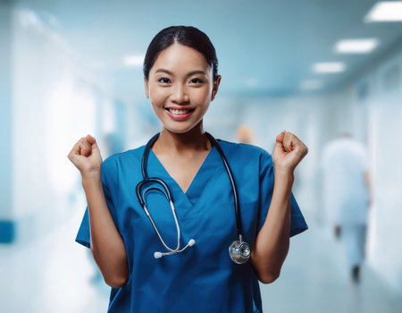 A joyful medical staff member expresses excitement in a dynamic emergency medicine environment.の素材