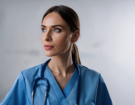 Dedicated medical expert prepares to respond to emergencies in a clinical environment.の素材