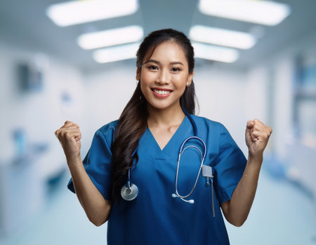 A skilled nurse smiles, raising her fists in triumph, showcasing dedication to patient care.の素材
