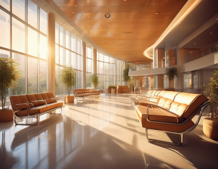 Bright hospital emergency waiting area designed for patient comfort and tranquility.の素材