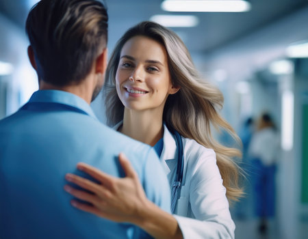 Healthcare workers interact with warmth and professionalism in a bustling emergency setting.の素材